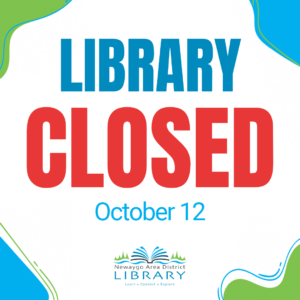 Informational graphic stating that the library is closed Monday, October 12.